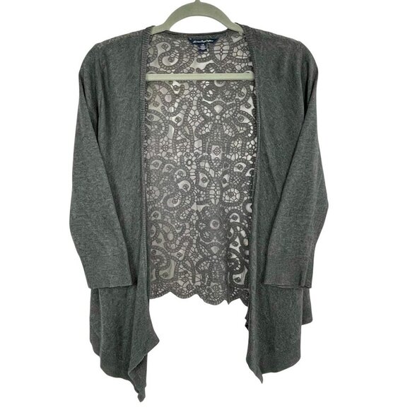 American Eagle Lace Back Open‑Front Gray Cardigan Women’s L Cotton Blend - Picture 2 of 14